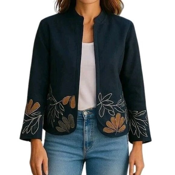Chicos Blazer 1 M 8 Black Open Front Embroidered Floral Studded Lined Cotton - Picture 1 of 16